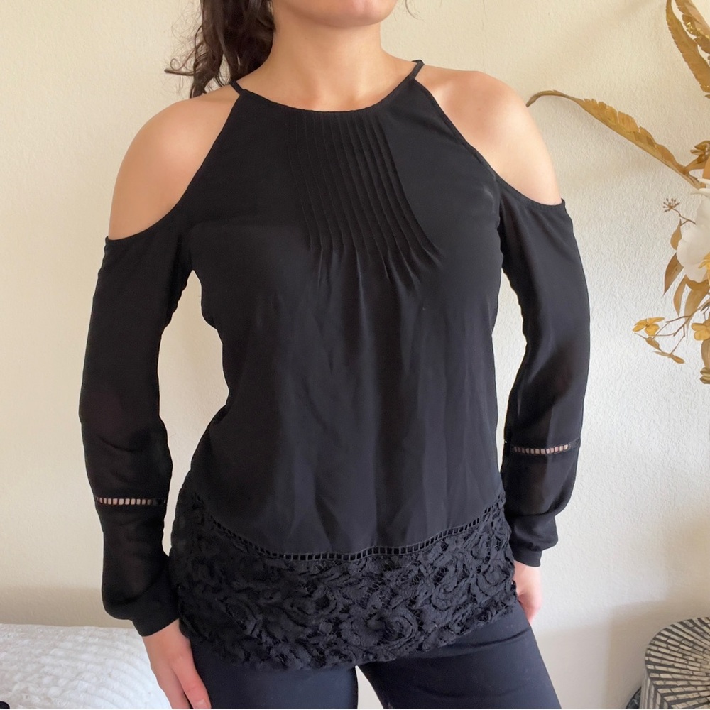 Michael Kors Flowy Cold Shoulder Pleated Long Sleeve Halter Top NWOT M